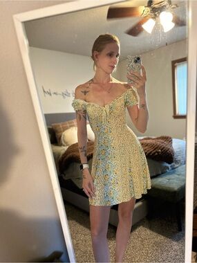 Topshop Yellow Floral Ruffle Off-Shoulder Dress